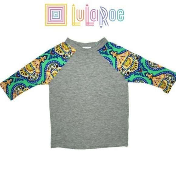 LuLaRoe Kids Baseball Tee Size 2 Gray With Colorful Paisley Raglan Sleeves - Picture 1 of 3